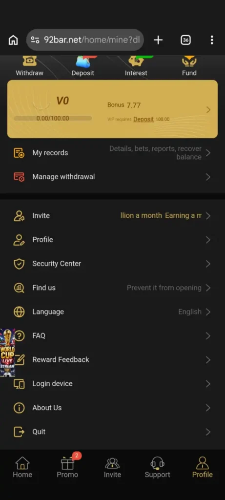92BAR App reward and bonus