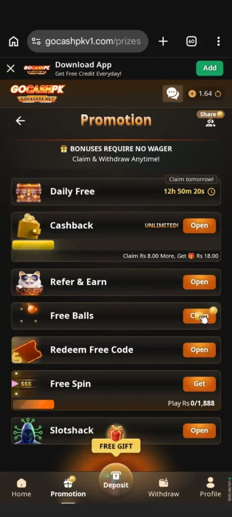 GOCASHPK Game bonus screen short