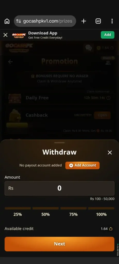 GOCASHPK Game withdraw page