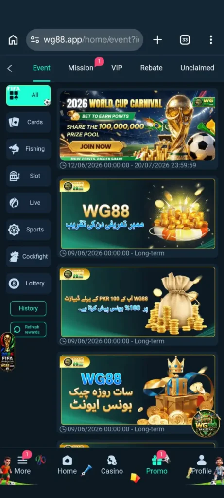 WG88 App bonus and reward